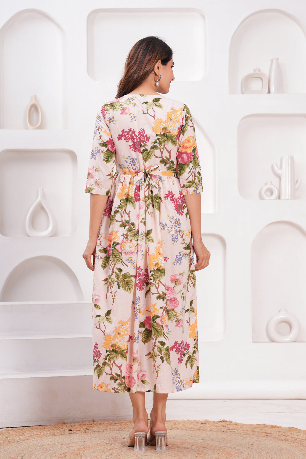 Clothycorp Cream Floral Printed Maternity Maxi Dress for Women