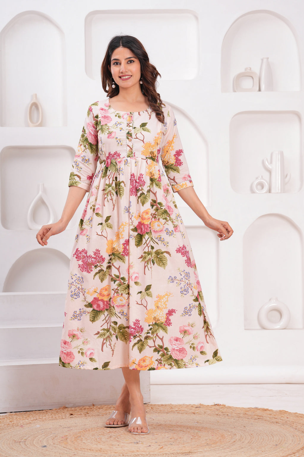 Peach Floral Cotton Maternity & Feeding Gown | Soft Printed Pregnancy Nursing Maxi Dress with Hidden Zipper