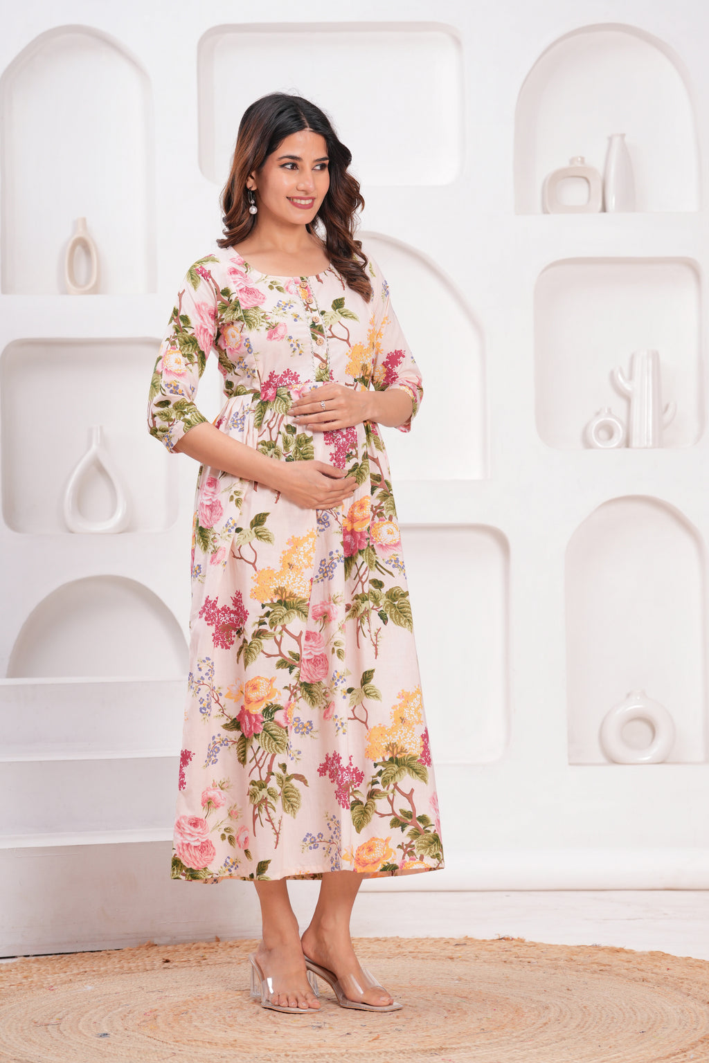 Clothycorp Cream Floral Printed Maternity Maxi Dress for Women
