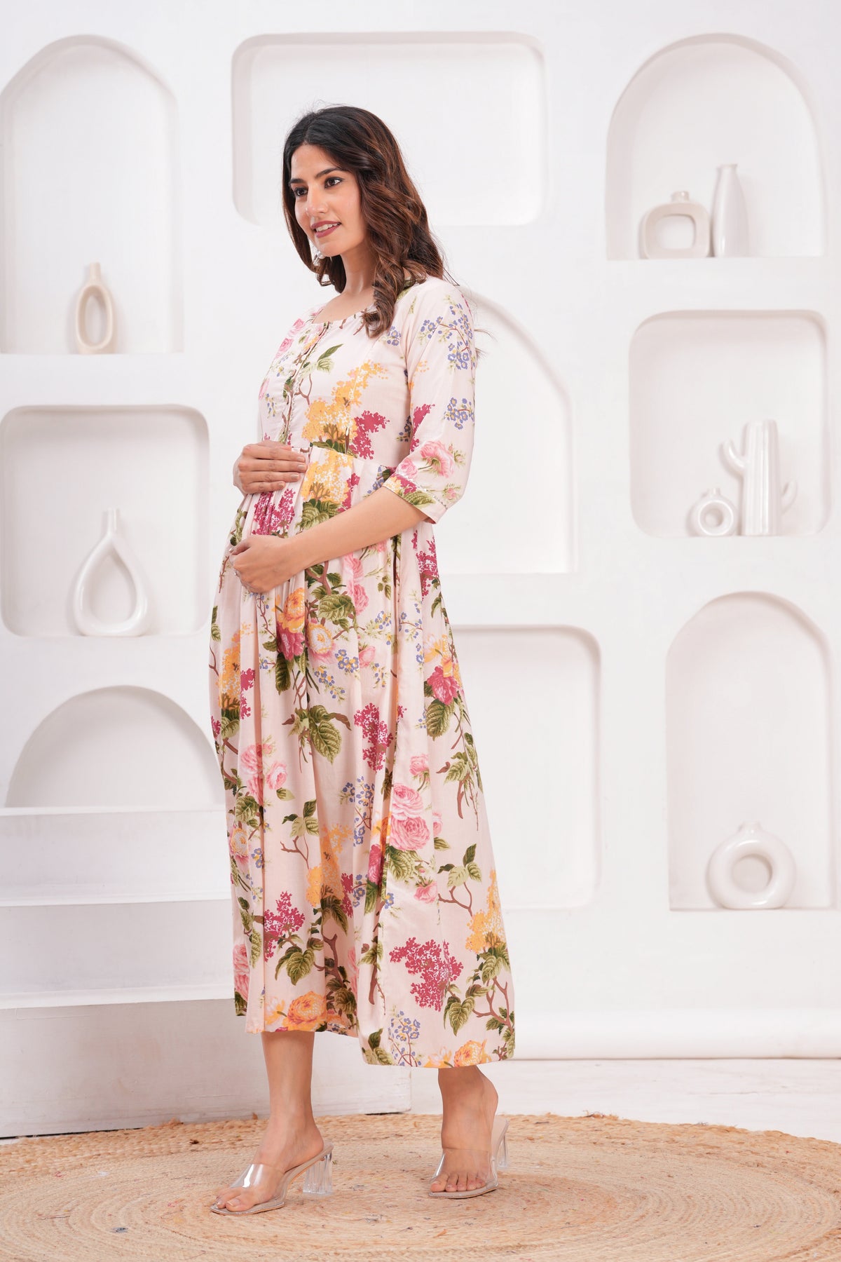 Peach Floral Cotton Maternity & Feeding Gown | Soft Printed Pregnancy Nursing Maxi Dress with Hidden Zipper