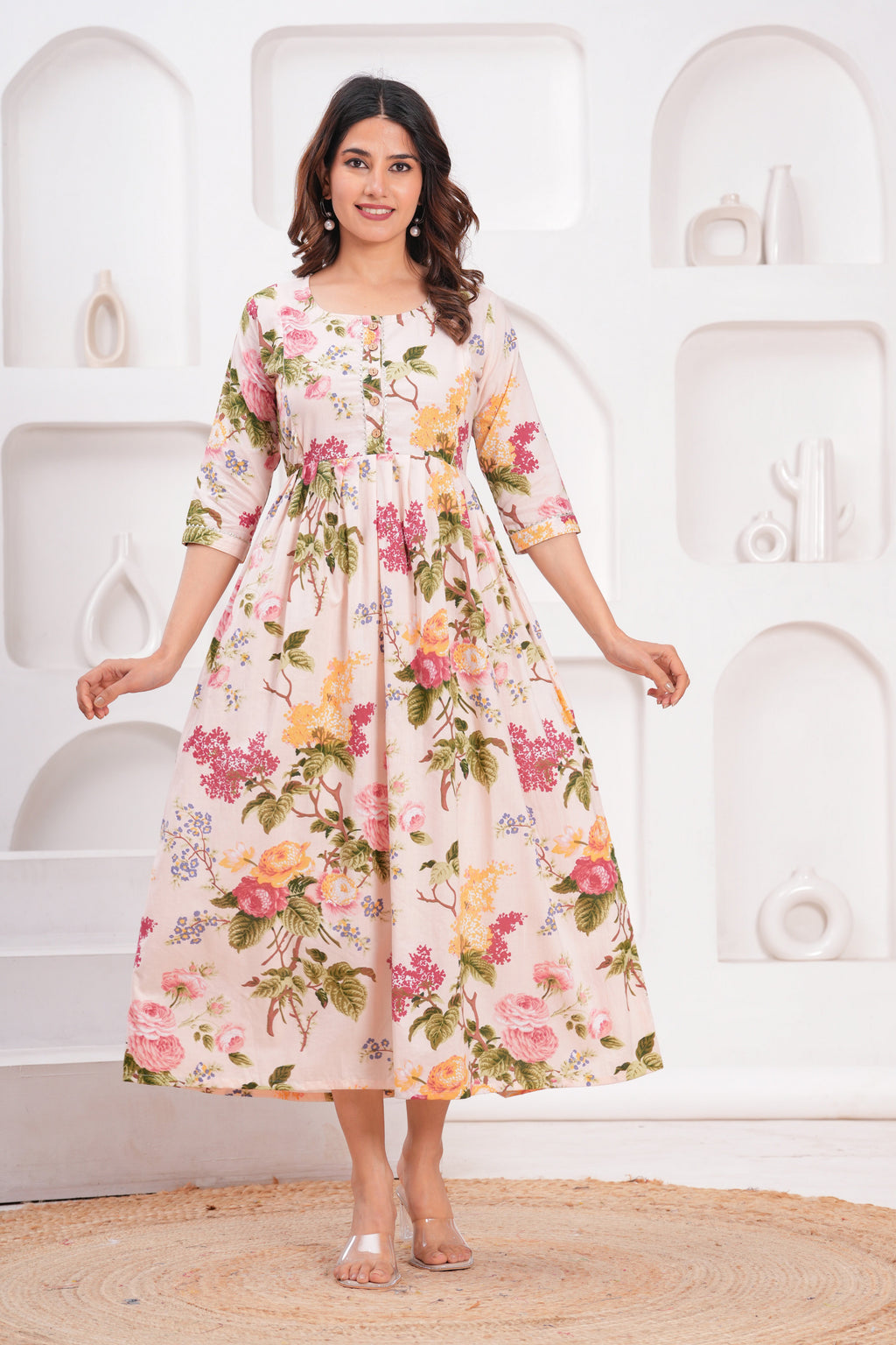 Peach Floral Cotton Maternity & Feeding Gown | Soft Printed Pregnancy Nursing Maxi Dress with Hidden Zipper