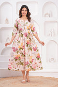 Peach Floral Cotton Maternity & Feeding Gown | Soft Printed Pregnancy Nursing Maxi Dress with Hidden Zipper