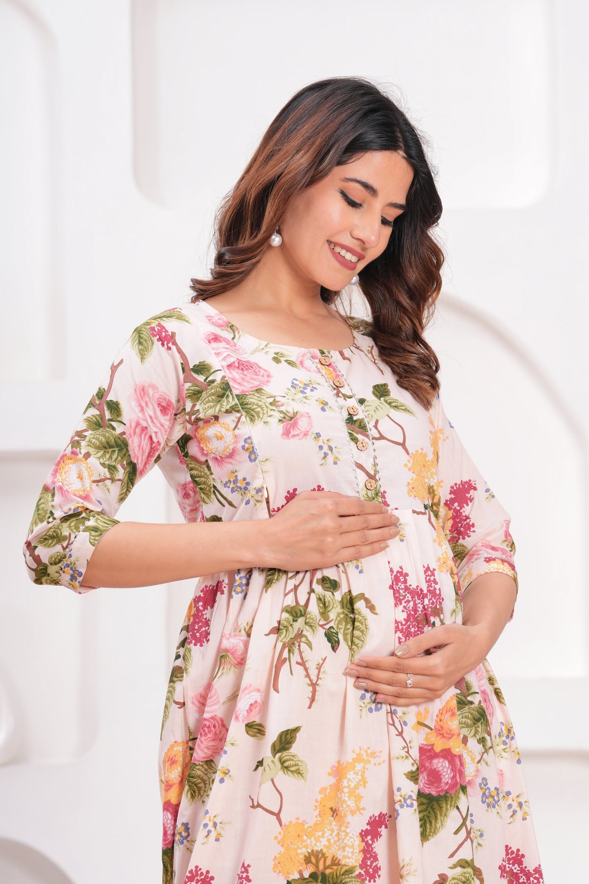 Peach Floral Cotton Maternity & Feeding Gown | Soft Printed Pregnancy Nursing Maxi Dress with Hidden Zipper