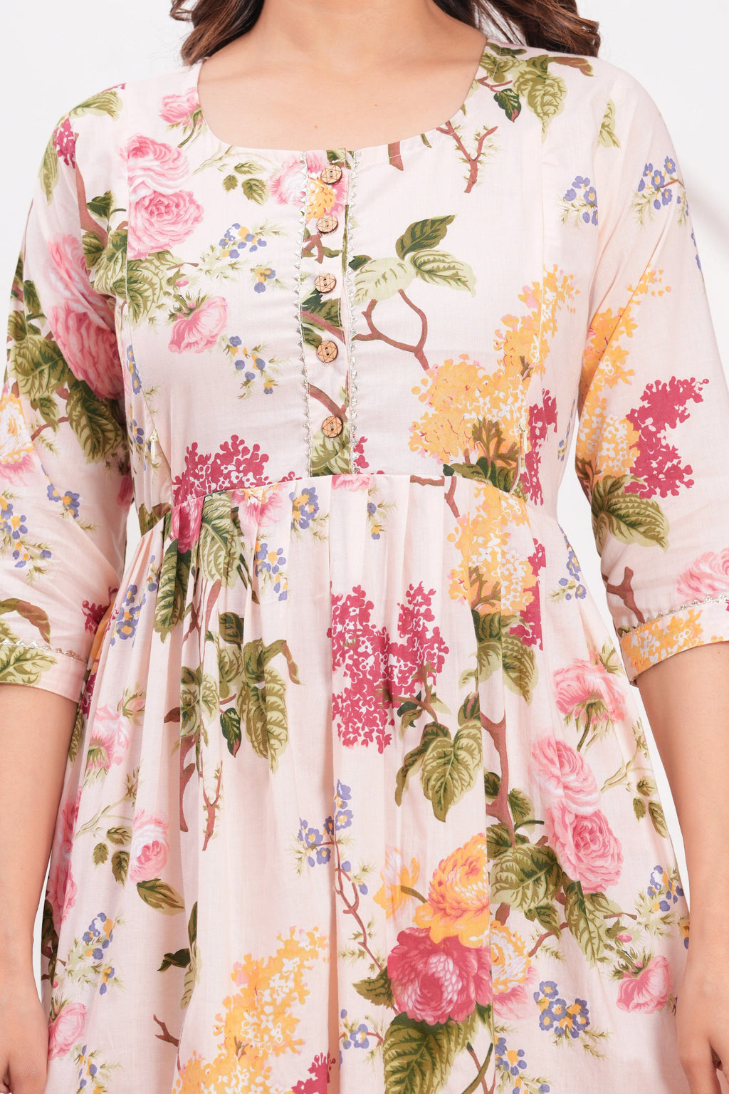 Peach Floral Cotton Maternity & Feeding Gown | Soft Printed Pregnancy Nursing Maxi Dress with Hidden Zipper