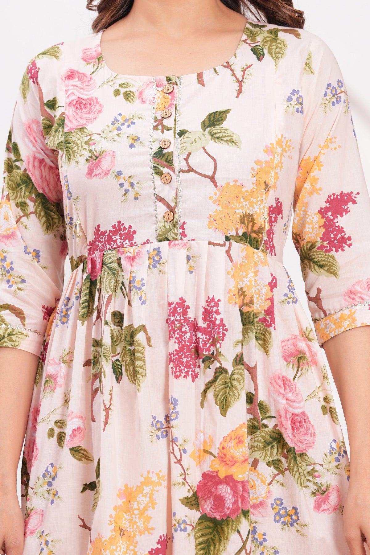 Peach Floral Cotton Maternity & Feeding Gown | Soft Printed Pregnancy Nursing Maxi Dress with Hidden Zipper