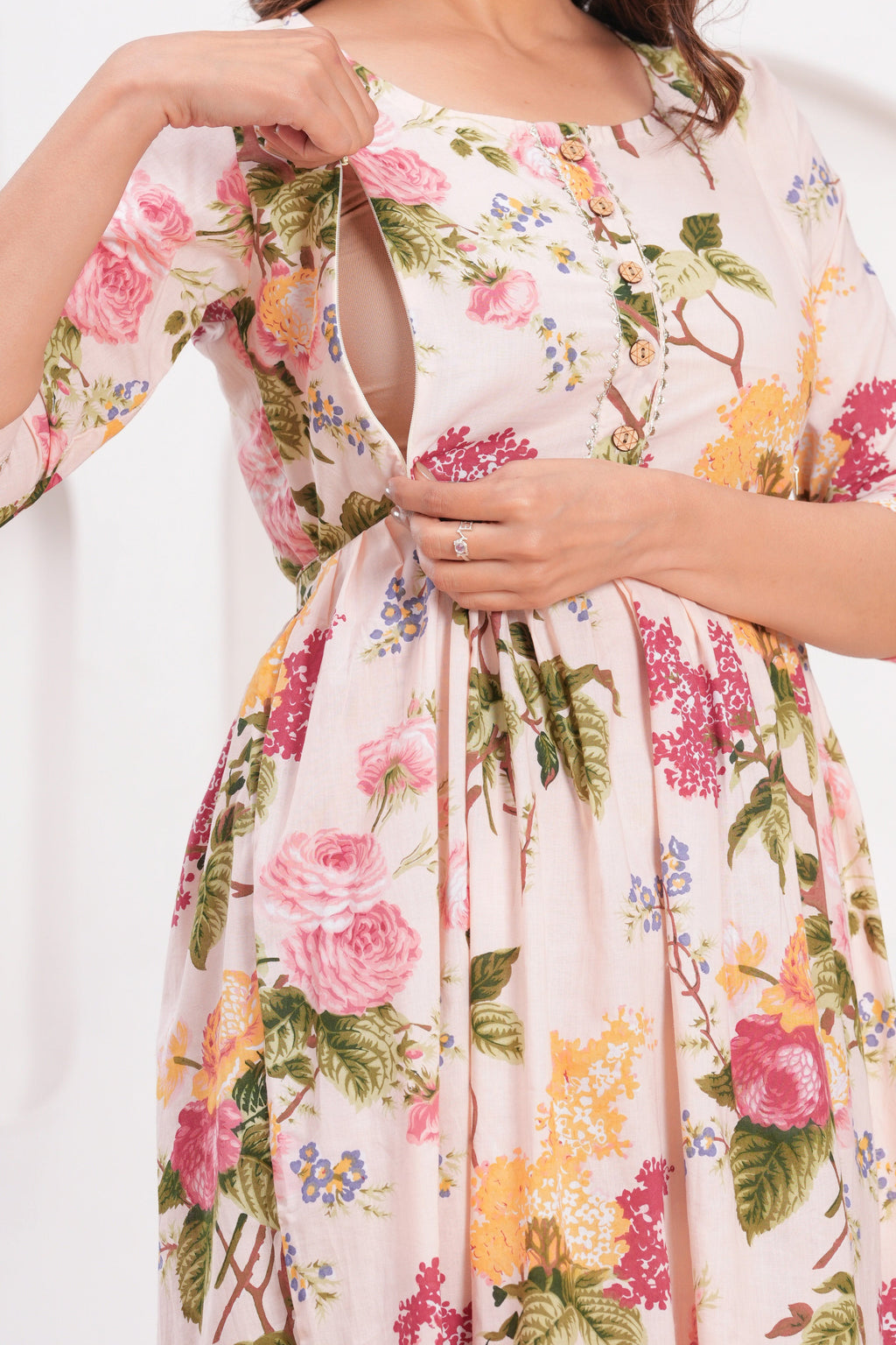 Peach Floral Cotton Maternity & Feeding Gown | Soft Printed Pregnancy Nursing Maxi Dress with Hidden Zipper