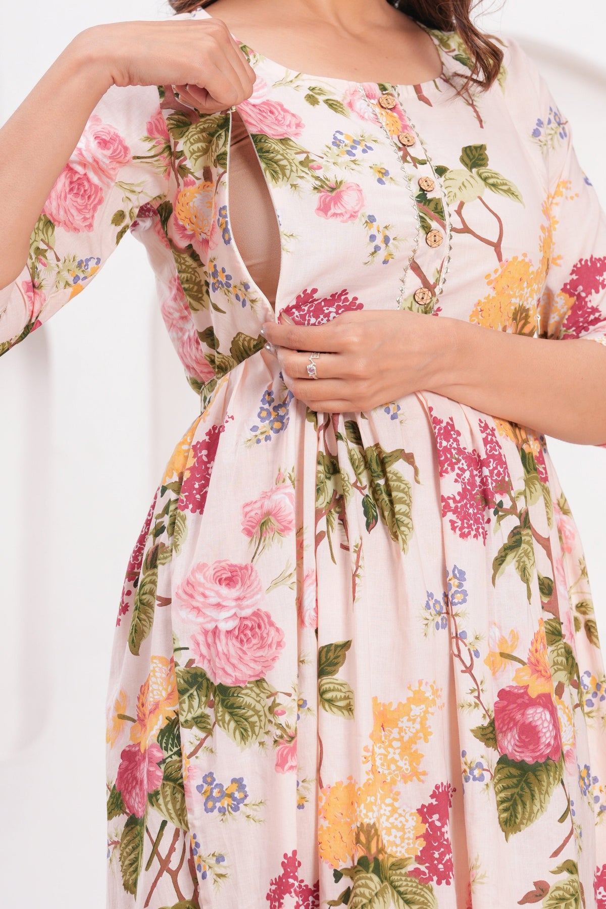 Peach Floral Cotton Maternity & Feeding Gown | Soft Printed Pregnancy Nursing Maxi Dress with Hidden Zipper