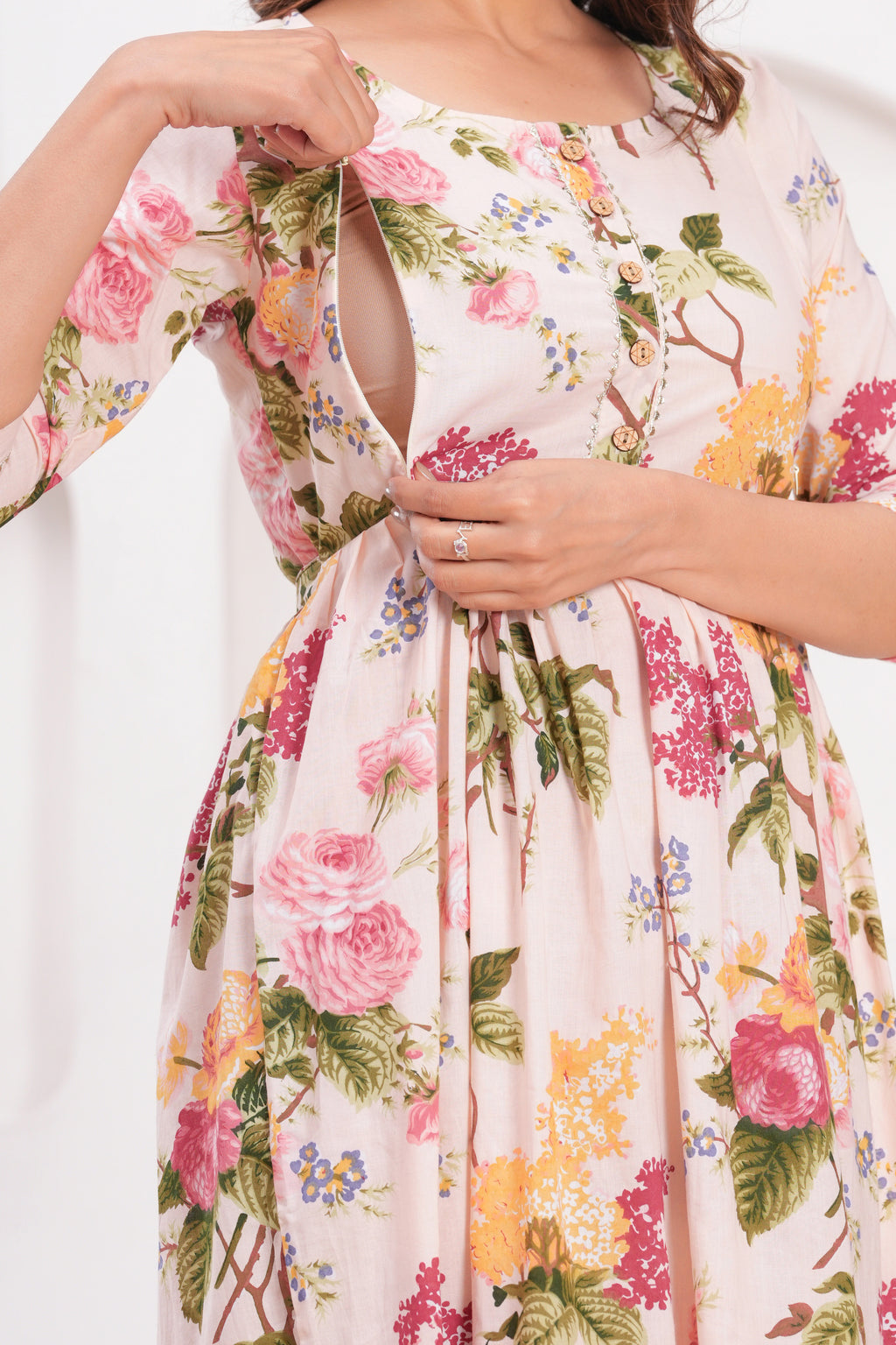 Clothycorp Cream Floral Printed Maternity Maxi Dress for Women