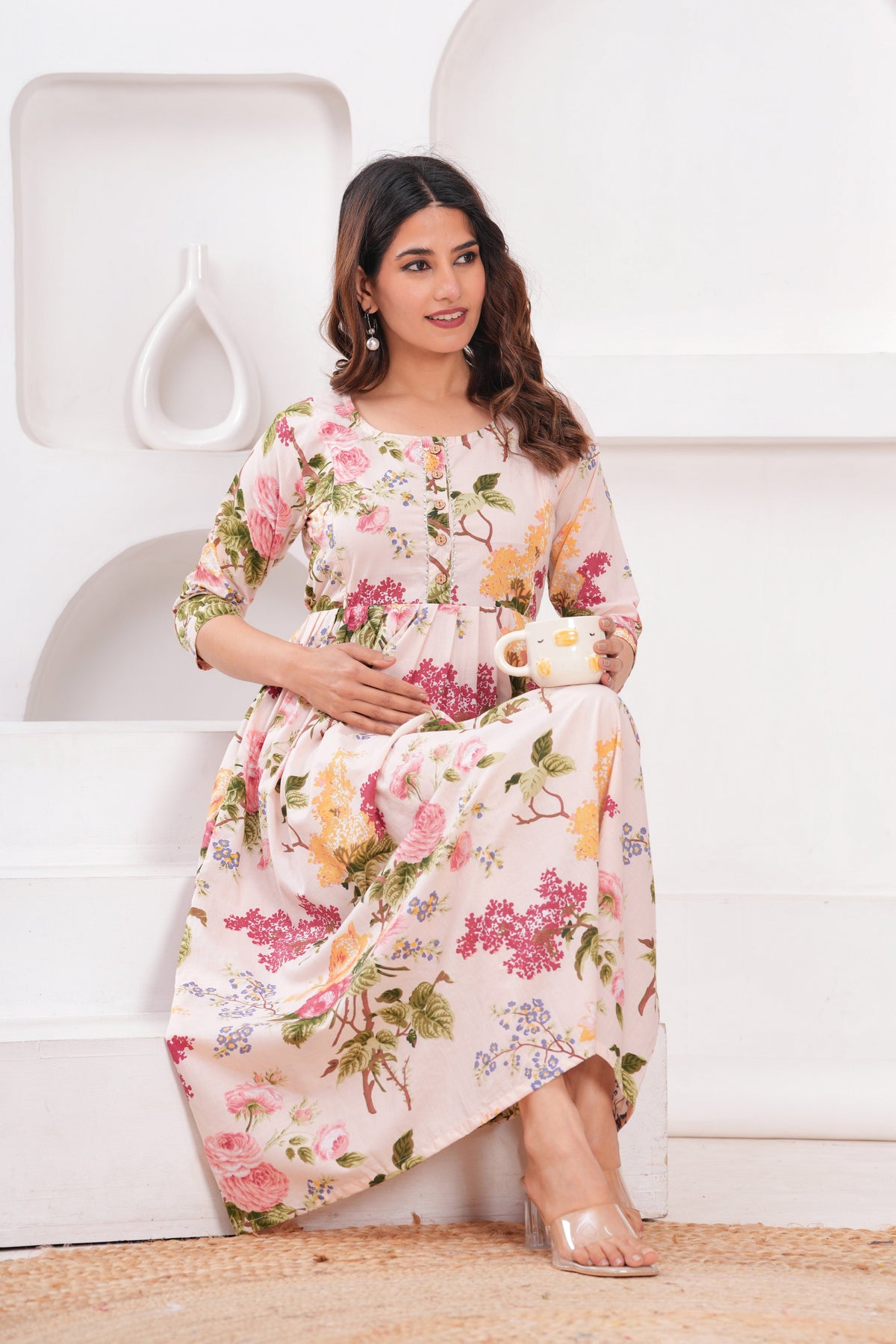 Peach Floral Cotton Maternity & Feeding Gown | Soft Printed Pregnancy Nursing Maxi Dress with Hidden Zipper