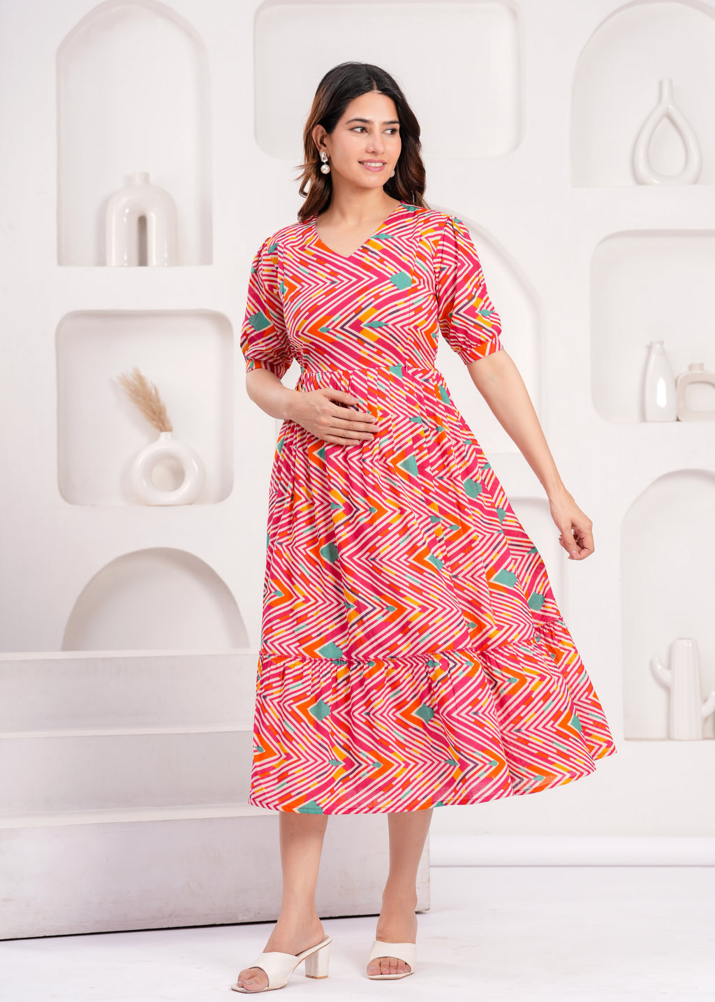 Breathable Cotton Maternity Wear – Pink Chevron Print
