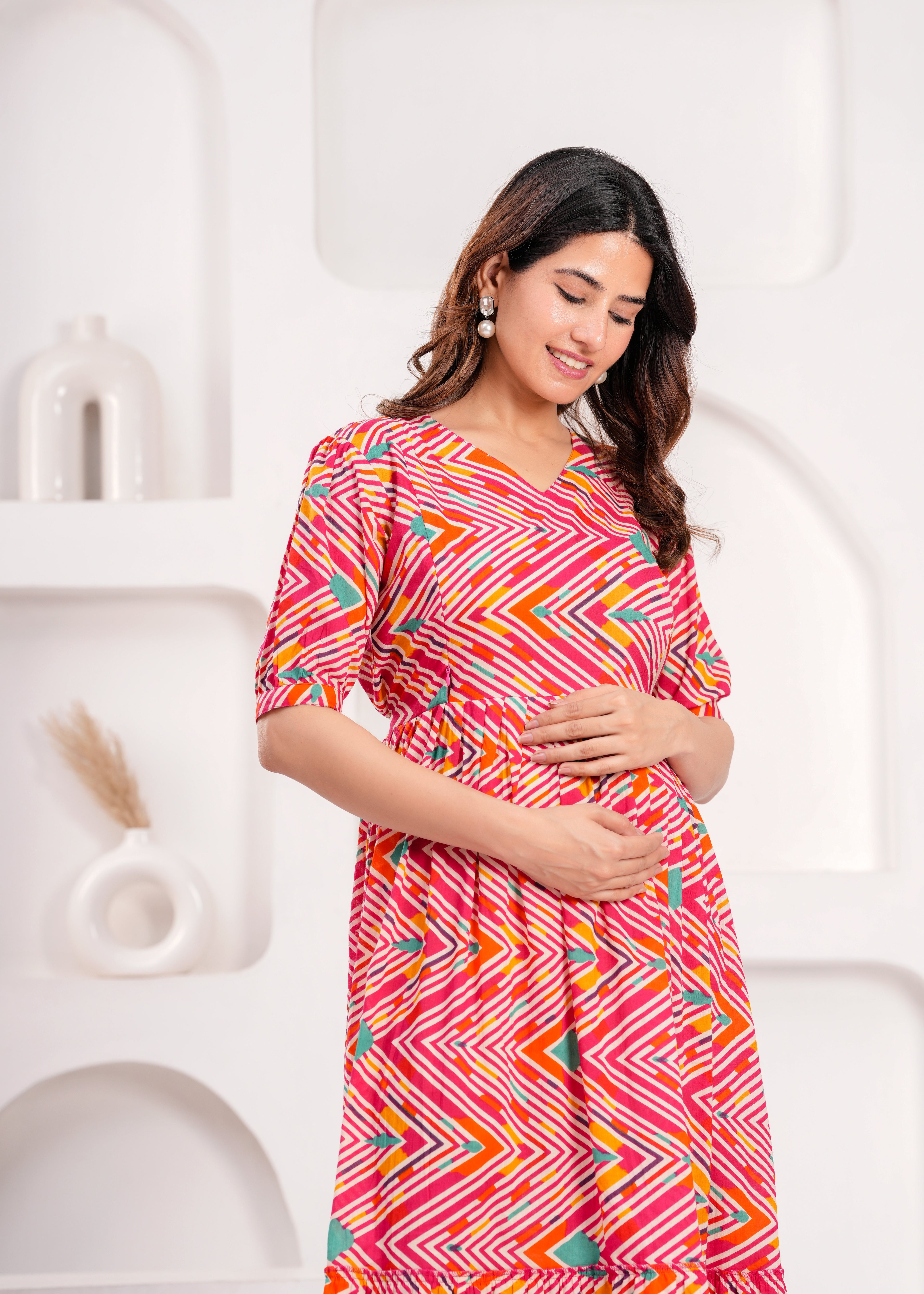 Breathable Cotton Maternity Wear – Pink Chevron Print