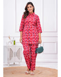Red Geometric Print Cotton Kurti Pant Set for Women