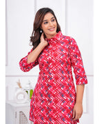 Red Geometric Print Cotton Kurti Pant Set for Women