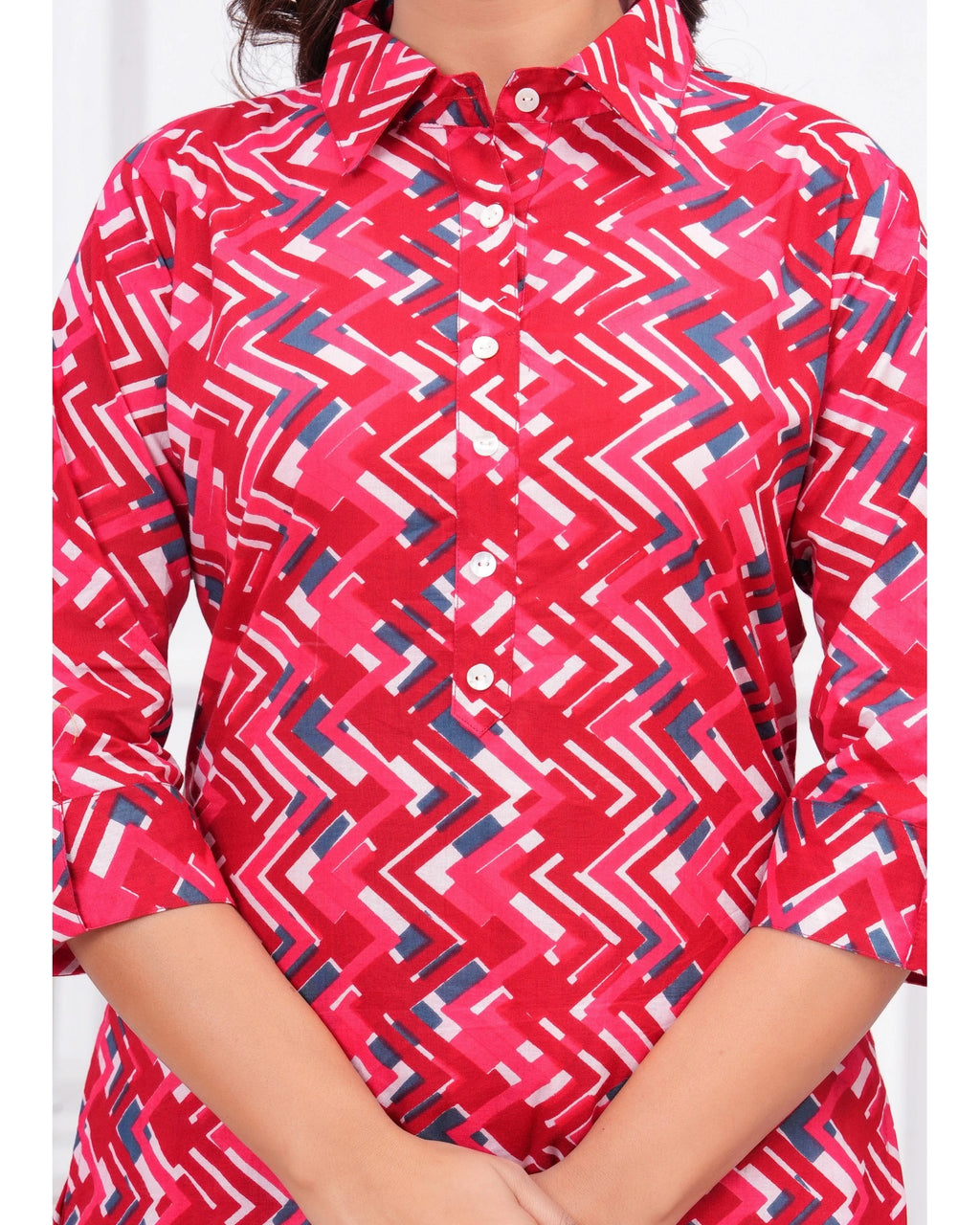 Red Geometric Print Cotton Kurti Pant Set for Women