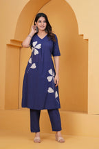 Women’s Navy Blue Cotton Kurti with Pant | Leaf Applique Design | Daily Wear Ethnic Set