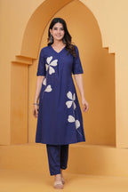 Women’s Navy Blue Cotton Kurti with Pant | Leaf Applique Design | Daily Wear Ethnic Set
