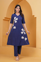 Women’s Navy Blue Cotton Kurti with Pant | Leaf Applique Design | Daily Wear Ethnic Set