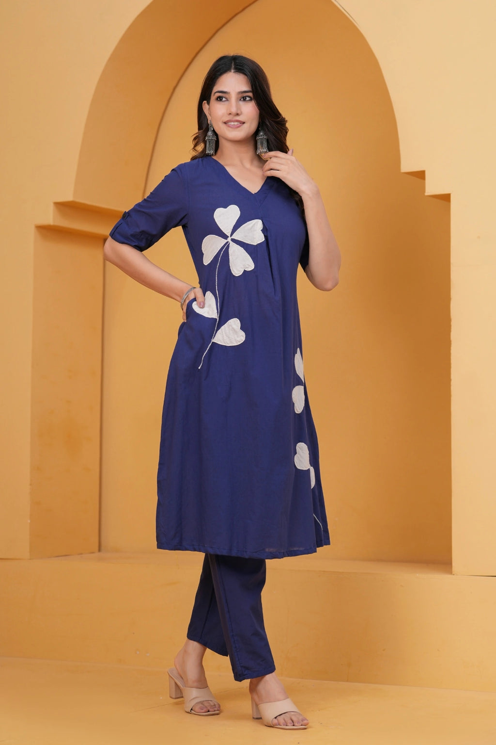 Women’s Navy Blue Cotton Kurti with Pant | Leaf Applique Design | Daily Wear Ethnic Set