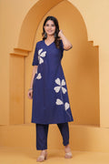 Women’s Navy Blue Cotton Kurti with Pant | Leaf Applique Design | Daily Wear Ethnic Set