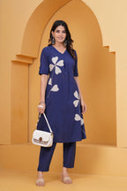 Women’s Navy Blue Cotton Kurti with Pant | Leaf Applique Design | Daily Wear Ethnic Set