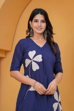 Women’s Navy Blue Cotton Kurti with Pant | Leaf Applique Design | Daily Wear Ethnic Set
