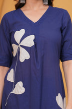 Women’s Navy Blue Cotton Kurti with Pant | Leaf Applique Design | Daily Wear Ethnic Set