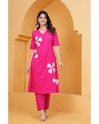Women’s Pink Cotton Kurti & Pant Set | White Leaf Applique | Daily Wear Ethnic Set