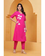 Women’s Pink Cotton Kurti & Pant Set | White Leaf Applique | Daily Wear Ethnic Set