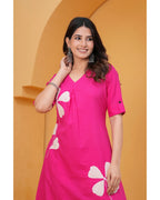 Women’s Pink Cotton Kurti & Pant Set | White Leaf Applique | Daily Wear Ethnic Set