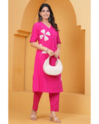 Women’s Pink Cotton Kurti & Pant Set | White Leaf Applique | Daily Wear Ethnic Set