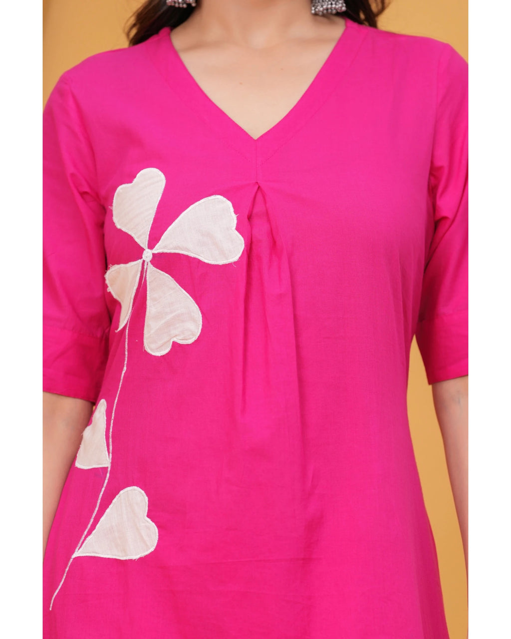 Women’s Pink Cotton Kurti & Pant Set | White Leaf Applique | Daily Wear Ethnic Set