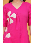 Women’s Pink Cotton Kurti & Pant Set | White Leaf Applique | Daily Wear Ethnic Set