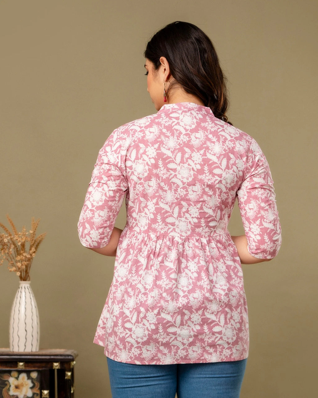 Blush Pink Floral Cotton Peplum Top for Women