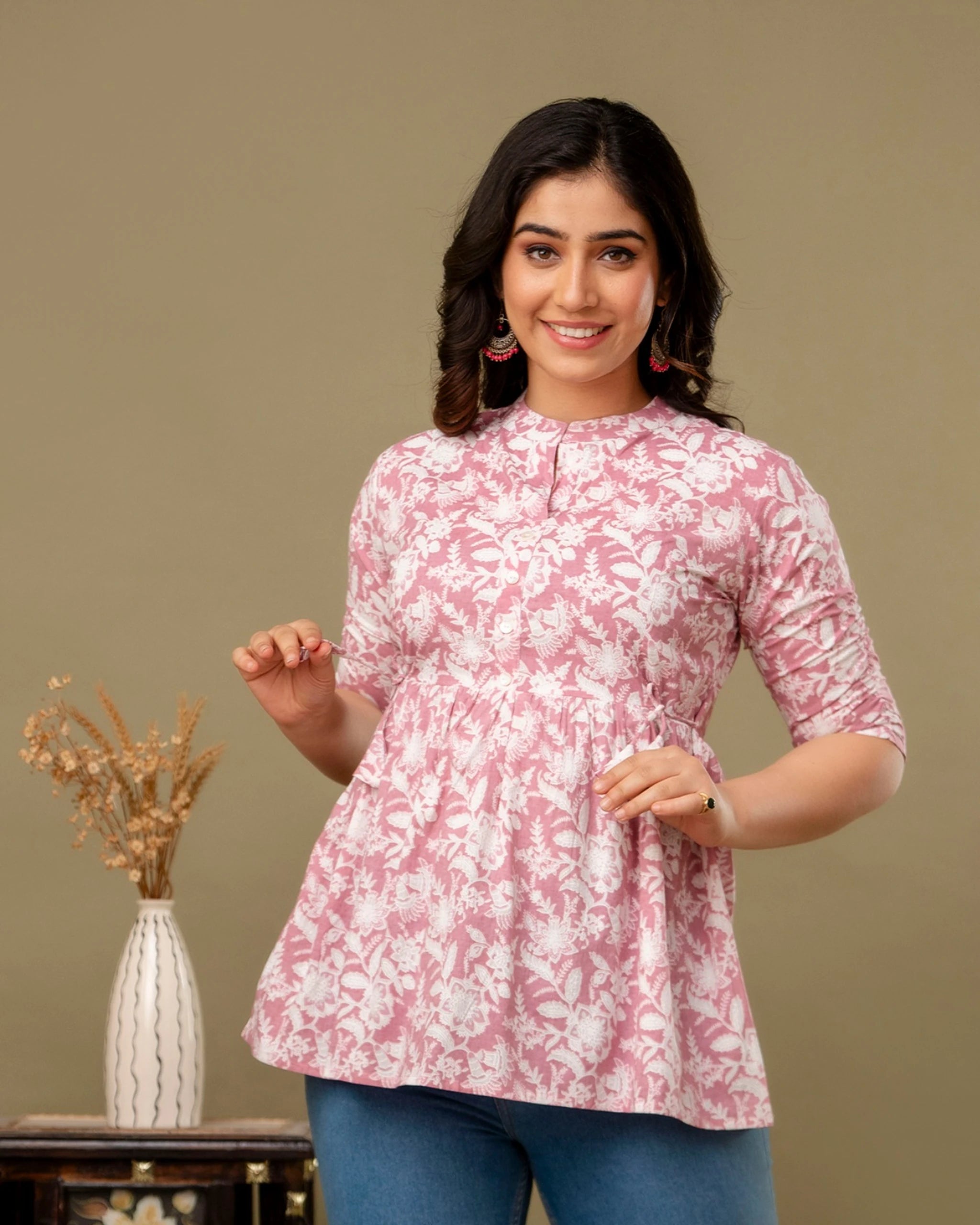 Blush Pink Floral Cotton Peplum Top for Women