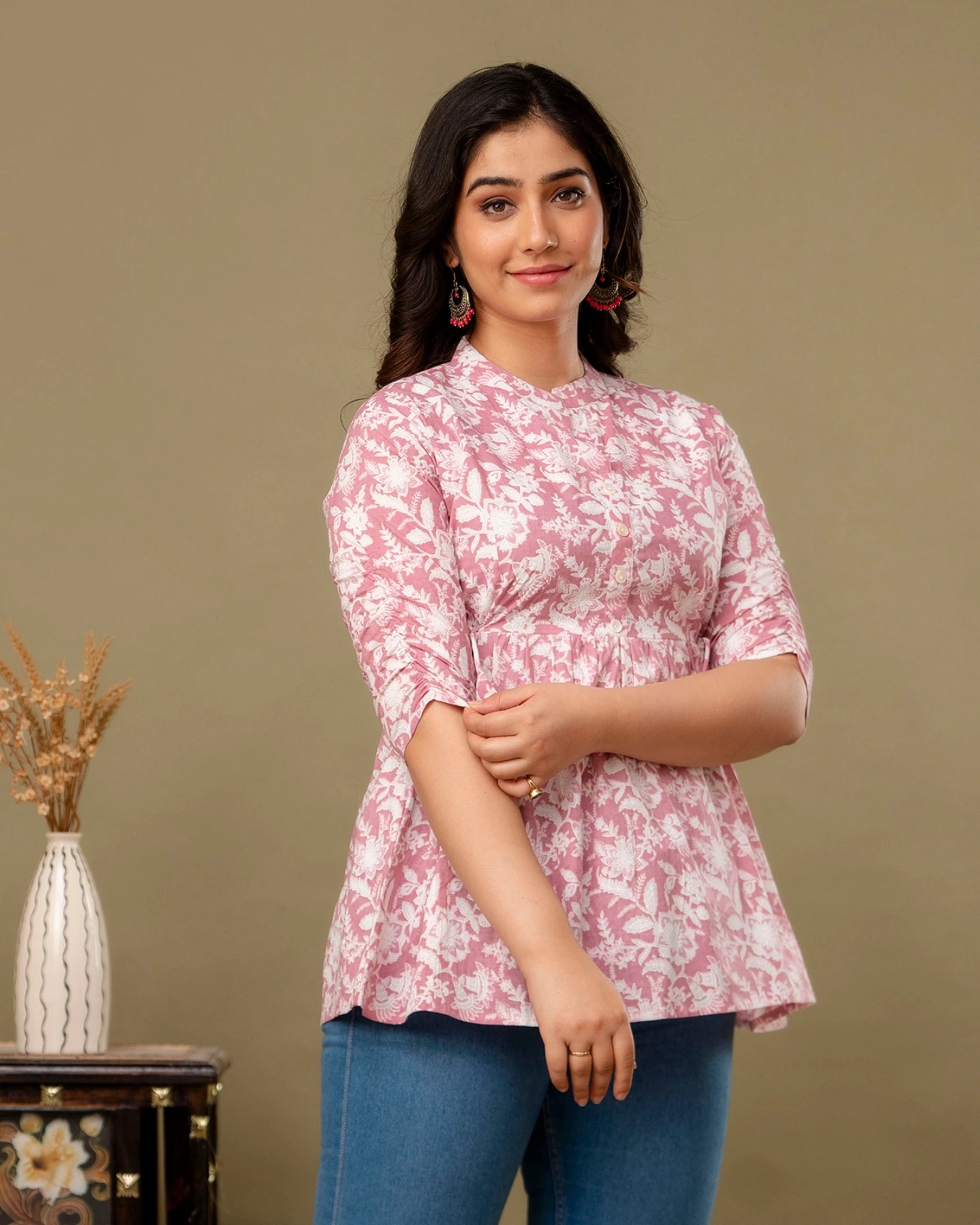 Blush Pink Floral Cotton Peplum Top for Women