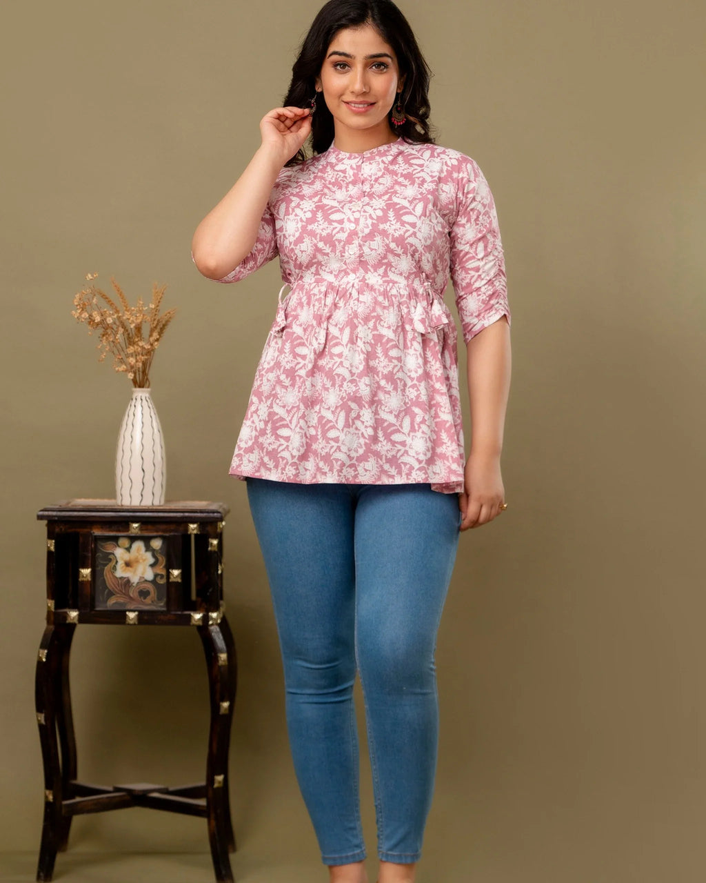 Blush Pink Floral Cotton Peplum Top for Women