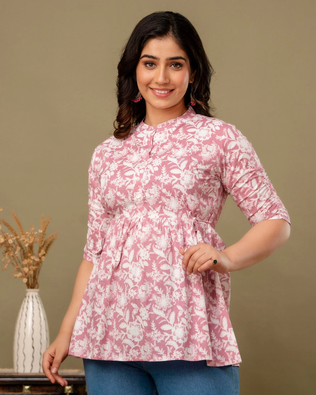 Blush Pink Floral Cotton Peplum Top for Women