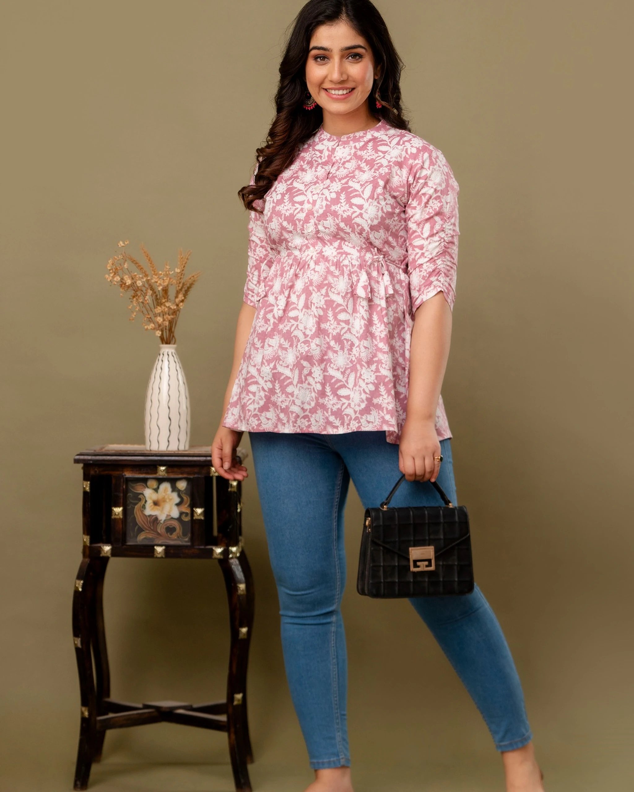 Blush Pink Floral Cotton Peplum Top for Women