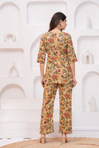 Beige Floral Kurti & Pant Co-Ord Set