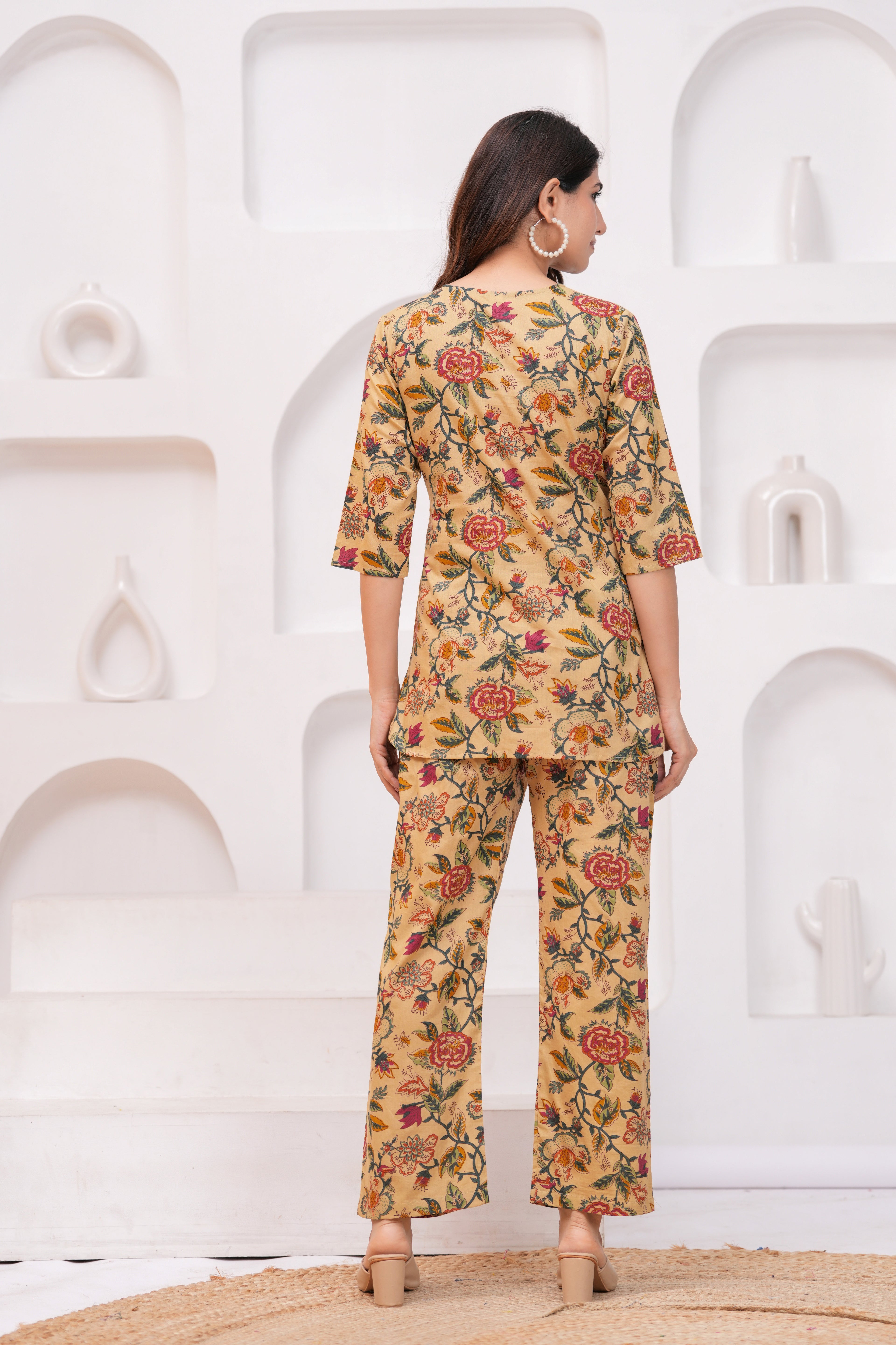 Beige Floral Kurti & Pant Co-Ord Set