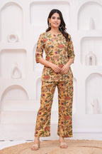 Beige Floral Kurti & Pant Co-Ord Set