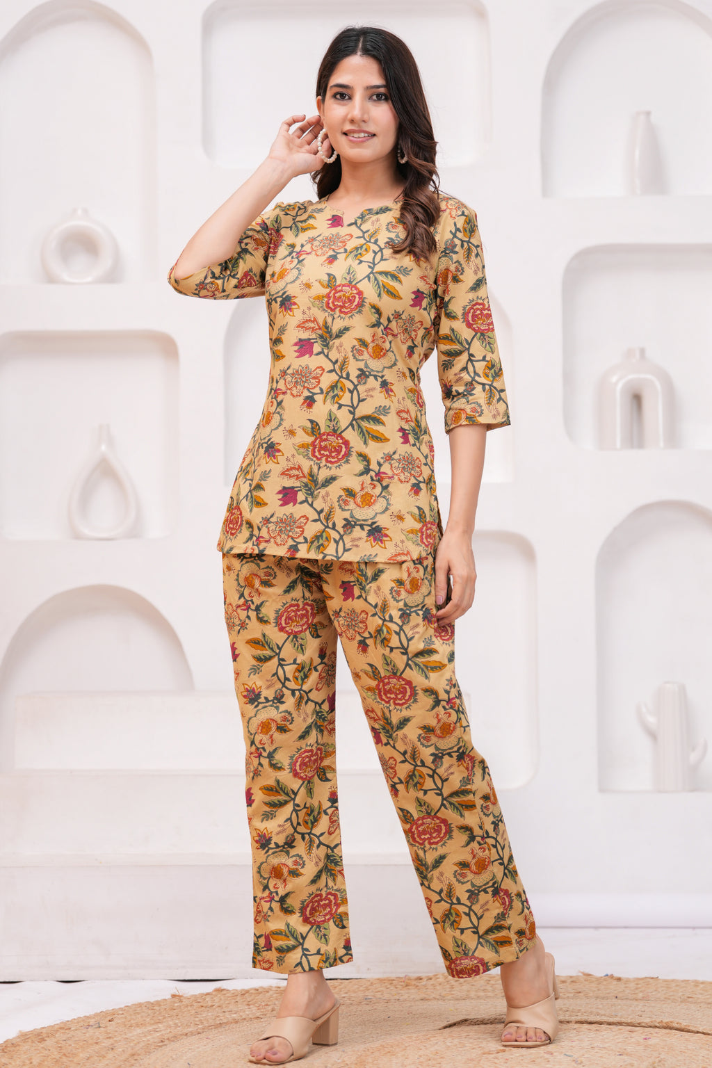 Beige Floral Kurti & Pant Co-Ord Set