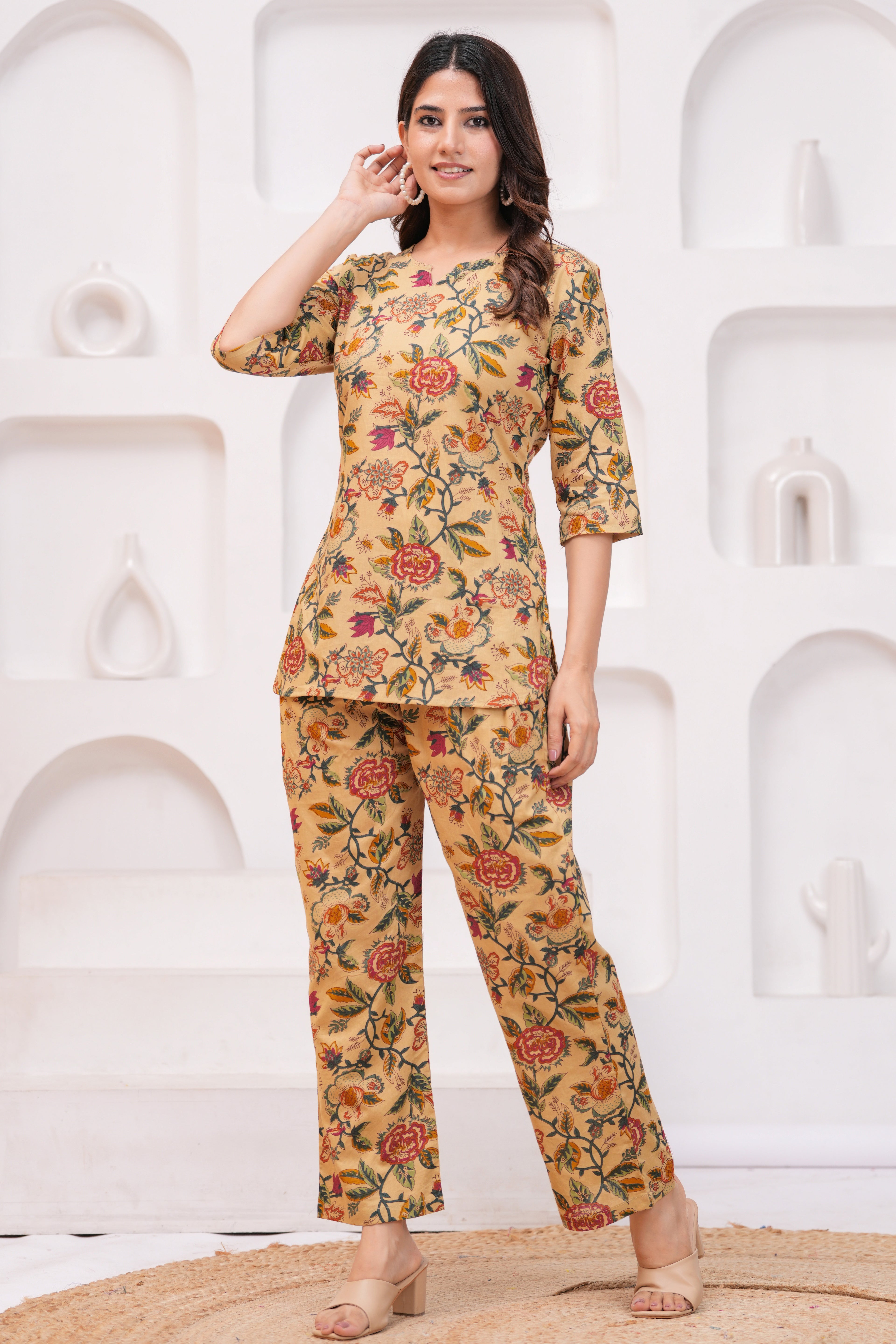 Beige Floral Kurti & Pant Co-Ord Set