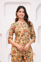 Beige Floral Kurti & Pant Co-Ord Set