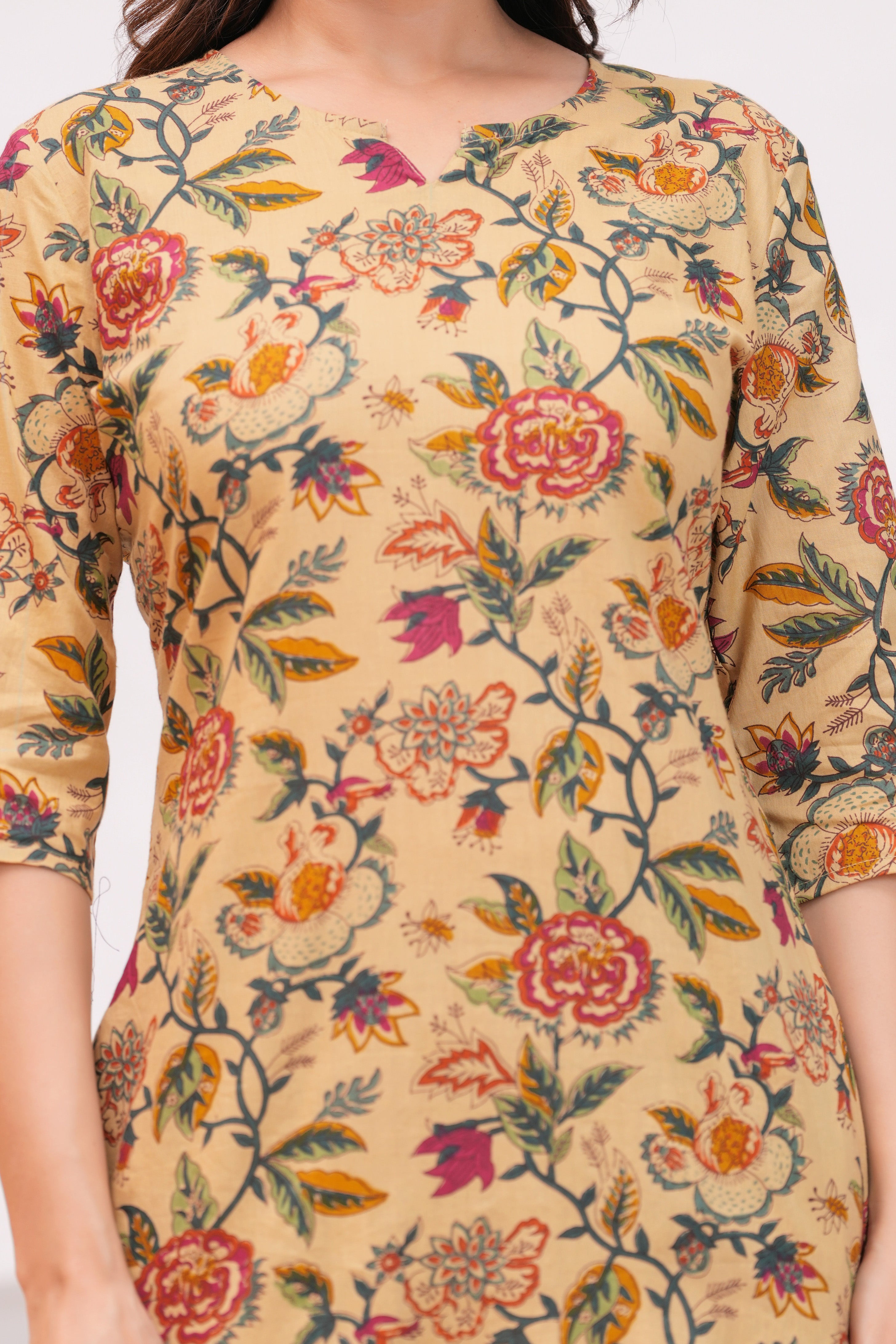 Beige Floral Kurti & Pant Co-Ord Set