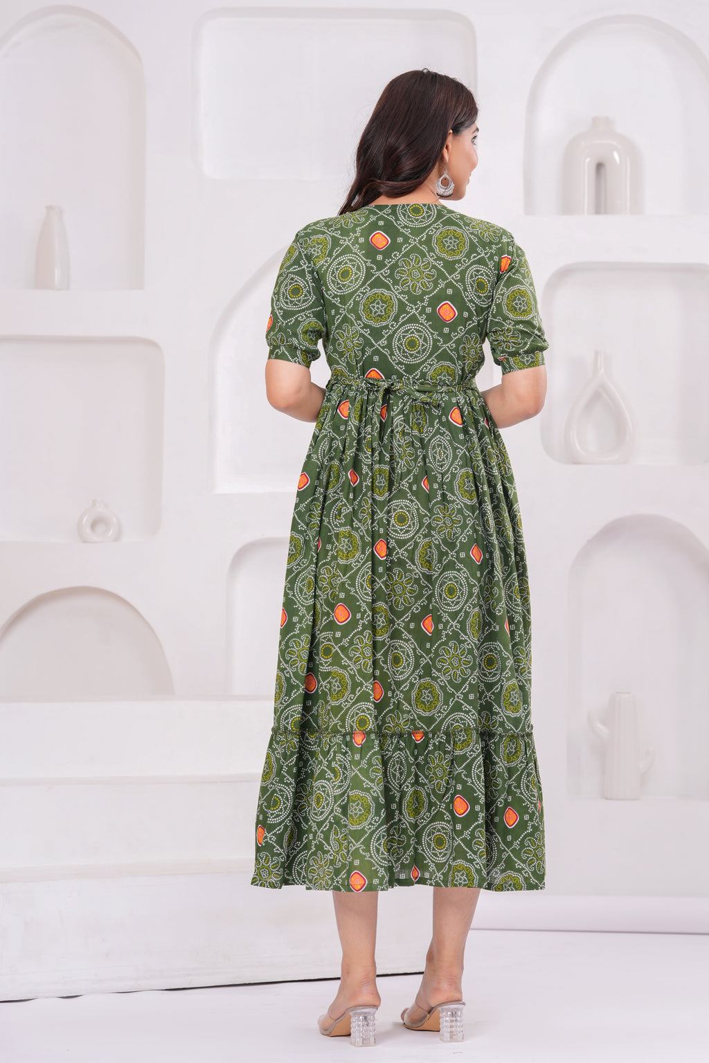 Clothycorp Olive Green Printed Maternity Midi Dress for Women