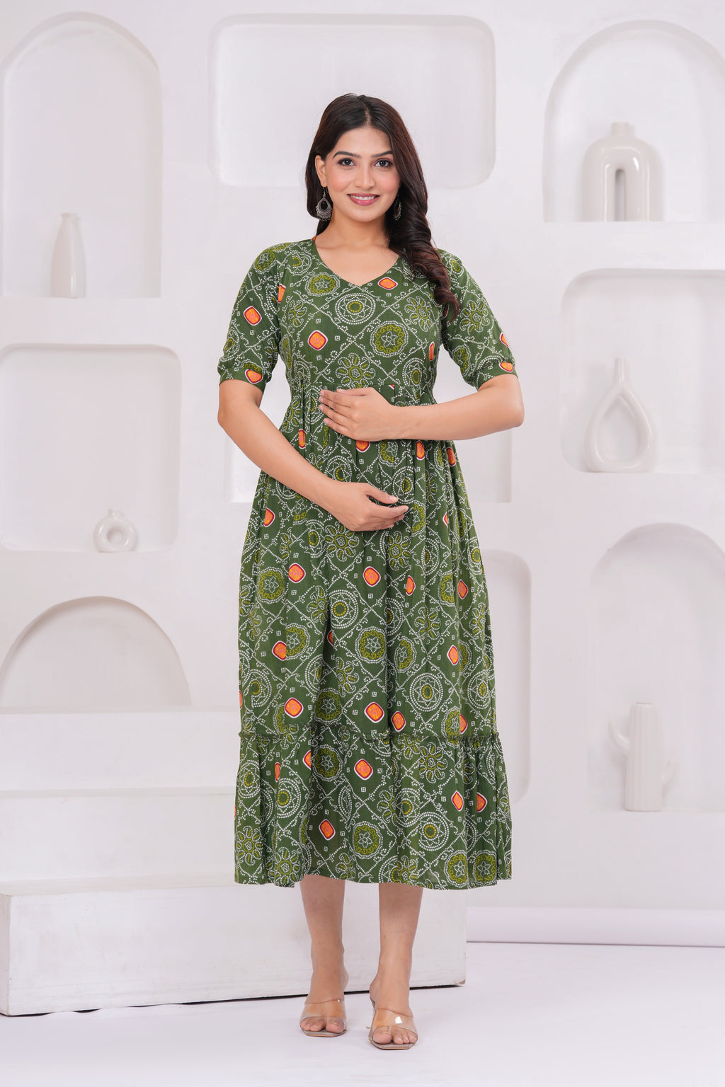Clothycorp Olive Green Printed Maternity Midi Dress for Women