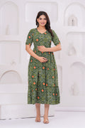 Clothycorp Olive Green Printed Maternity Midi Dress for Women