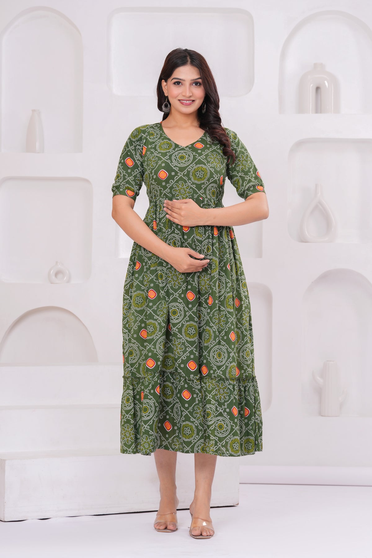 Clothycorp Olive Green Printed Maternity Midi Dress for Women
