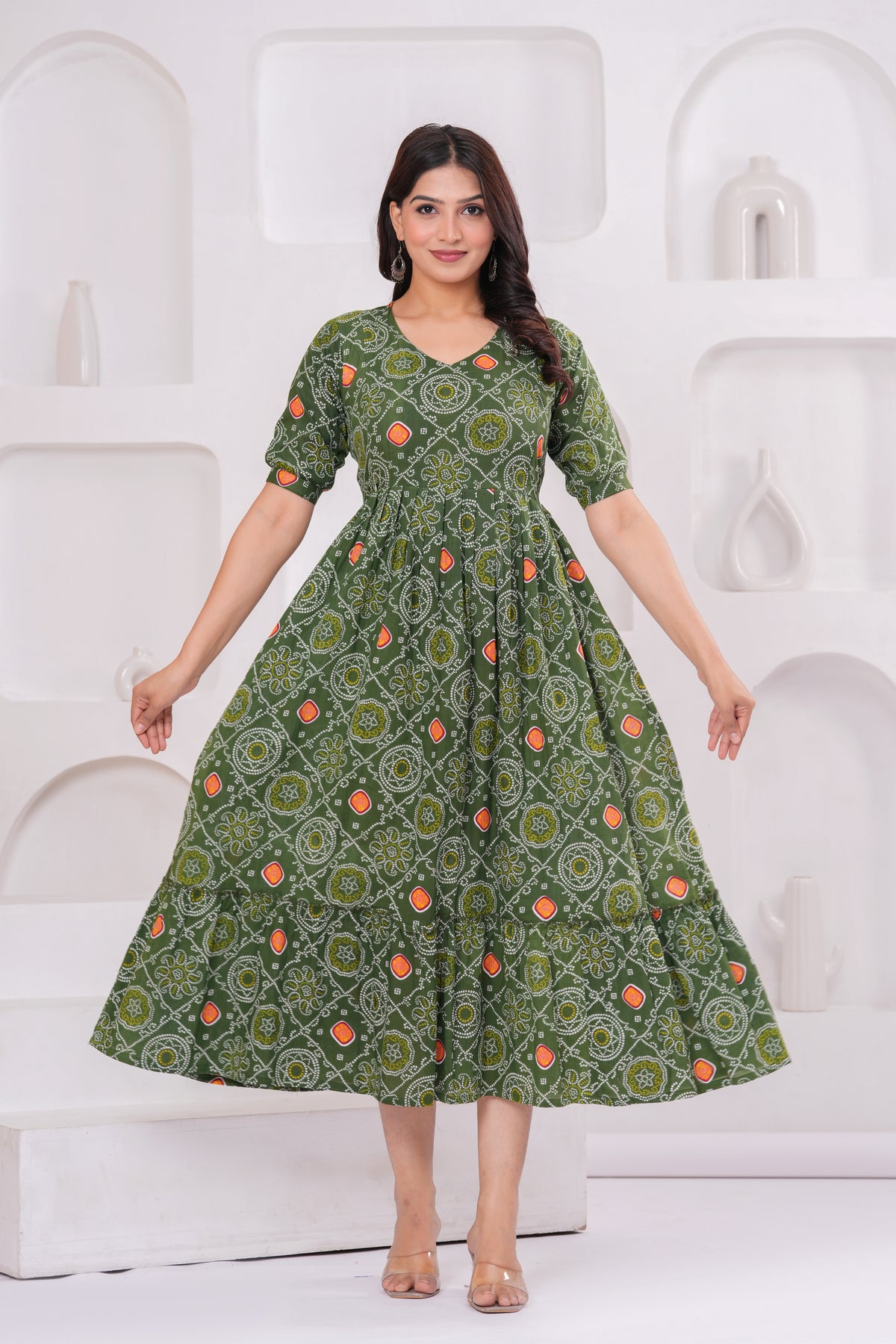 Clothycorp Olive Green Printed Maternity Midi Dress for Women
